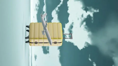 Aeroplane Flying In Front of Yellow Suitcase, 3D Render, Animation, Cloudy Stock Footage 255695437