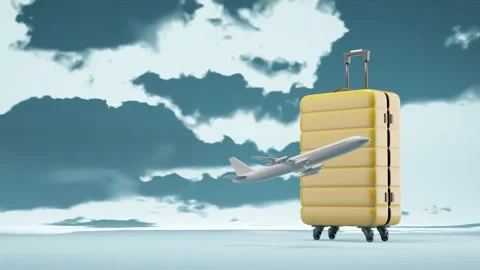 Aeroplane Flying In Front of Yellow Suitcase, 3D Render, Animation, Cloudy Stock Footage 255695445