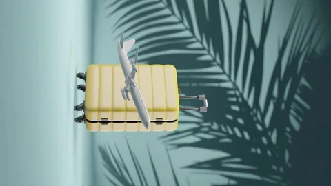 Aeroplane Flying In Front of Yellow Suitcase, 3D Render, Animation,Travel, Stock Footage 257682901