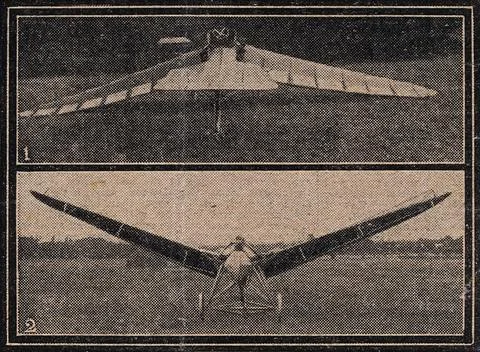 Aeroplanes with large movable wings. Process print. Stockillustratie