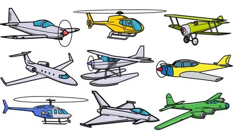 Aeroplanes set background collection 2d animated illustration Stock Illustration