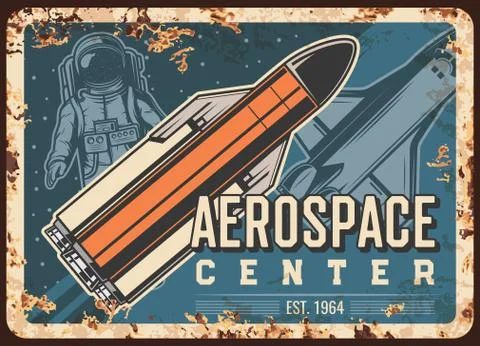 Aerospace center vector retro rusty metal plate Illustrazione stock
