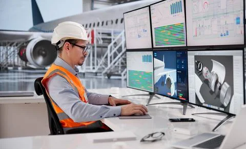 Aerospace Engineer Analyzing Aircraft Components With Cutting-Edge Computer T 스톡 사진
