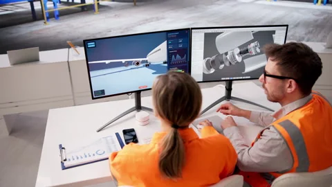 Aerospace Engineer Carefully Checks 3D Aircraft Parts Designs Stock Footage 332906796