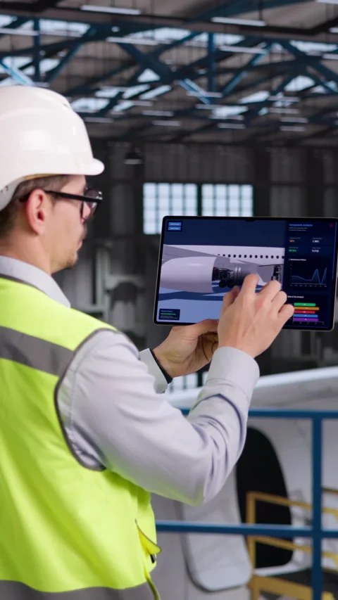 Aerospace Engineer Carefully Checks Plane Parts On Tablet Stock Footage 333399338