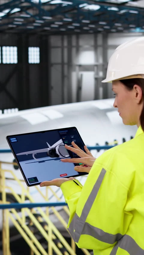 Aerospace Engineer Carefully Inspects Plane Engine Using Tablet Video stock 331525018