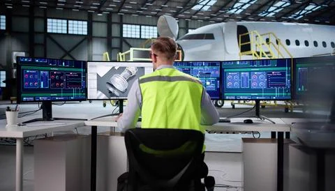 Aerospace Engineer Develops Software For Aircraft Manufacturing On His Deskto Stock Photos