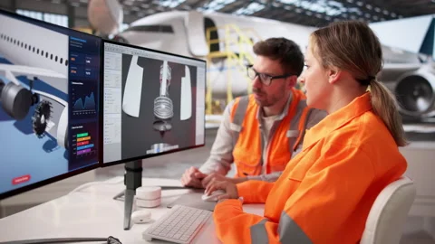 Aerospace Engineer Examines Computer Designs Of Aircraft Parts Stock Footage 331155050