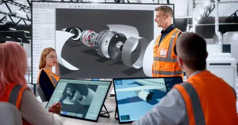 Aerospace Engineer Is Giving Presentation On 3D Aircraft Design Software. Stock Photos