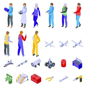 Aerospace engineer icons set isometric vector. Engine work Stock Illustration