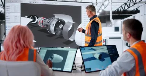 Aerospace Engineer Leads Diverse Team Using CAD Software For Aircraft Design. Stock Photos