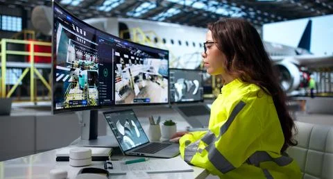 Aerospace Engineer Monitors Aircraft Engine Health Using Laptop Software. Stock Photos