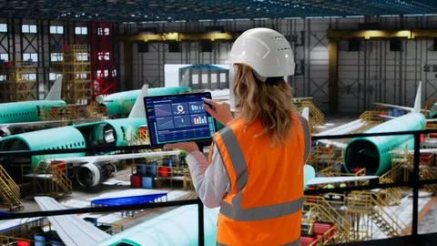 Aerospace Engineer Using SCADA Software In Factory Inspects Aircraft Control  Stockfoto's