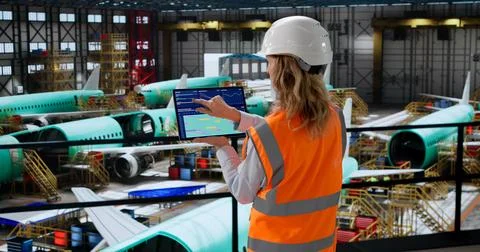 Aerospace Engineer Using SCADA Software In Factory Checks Airplane Panels. Stock Photos
