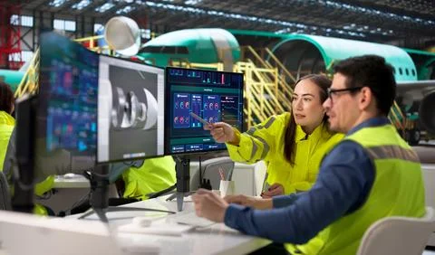 Aerospace Engineers Develop 3D CAD Models On Computer At Warehouse. Foto stock