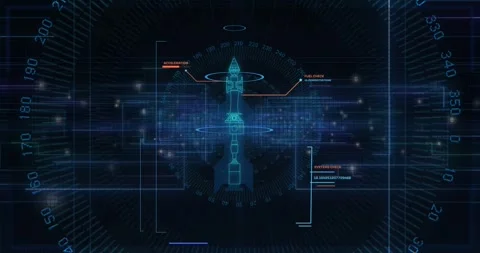 Aerospace HUD booting, assembling rocket wireframe while scanning rings for fuel Stock-Footage 331166028