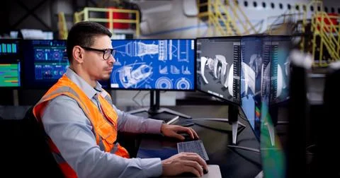 Aerospace Maintenance Technician Developing 3D Aircraft Parts On Computer Scr Foto stock