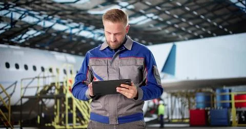 Aerospace Quality Check Supervisor Inspecting Aviation Repair With Tablet. 스톡 사진