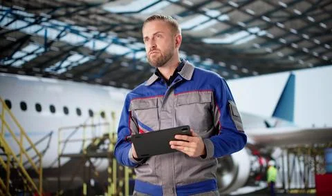 Aerospace Quality Check Supervisor Using Tablet In Hand For Repair. Stock Photos