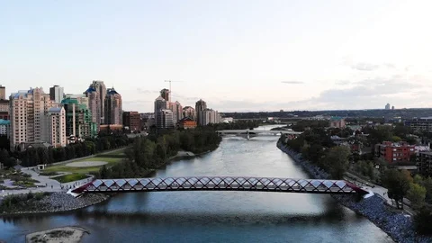 Aervial view of bridge over river in Calgary Alberta Stock Footage 121377751