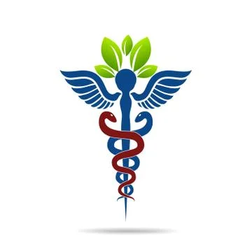 Aesculapius vector abstract illustration created using snakes and green l Stock Illustration