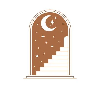 Aesthetic boho window featuring crescent and stars Stock Illustration