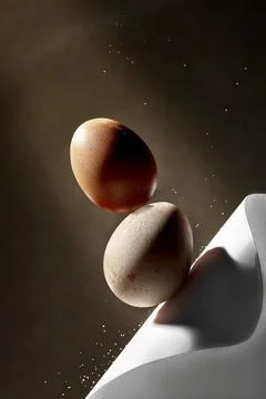 Aesthetic composition with balancing chicken eggs on a brown background. Cr.. Stock Photos