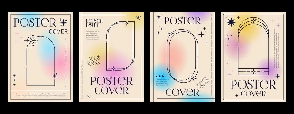 Aesthetic gradient Y2K posters with frames, stars Stock Illustration