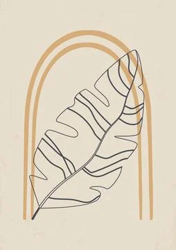 Aesthetic illustrations with linear leaf poster. Stock Illustration