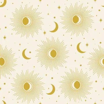 Aesthetic illustrations seamless pattern with celestial moon phases. Sun rays Stock Illustration