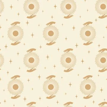 Aesthetic illustrations seamless pattern with sun. Beige pattern with hands.. Stock Illustration
