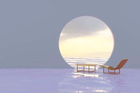 Aesthetic minimal 3D rendering of a chill place with a beach bench and a table o Illustrazione stock