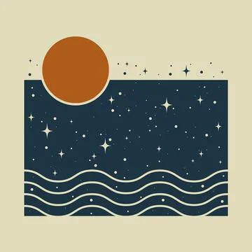 Aesthetic mystical background with sun and night sky. Burnt orange, deep colors. Stock Illustration