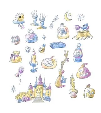 Aesthetic pastel Halloween magic elements collection. Cute spooky doodle set Stock Illustration