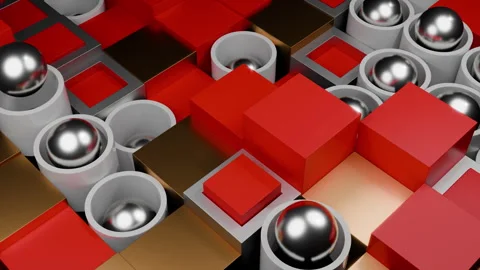 Aesthetic Scene Featuring Reflective Metallic Spheres And Matte Red Cubes With Stock Footage 333794879