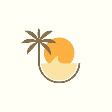 Aesthetic sunset wave coconut tree logo design Illustration