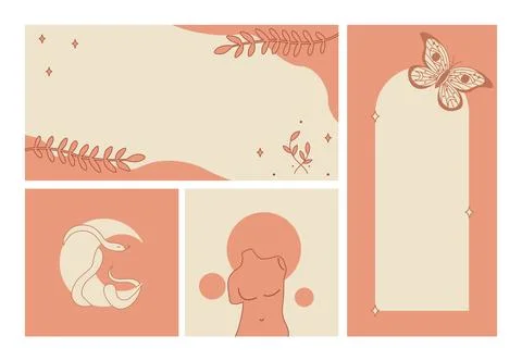 Aesthetic template design. Abstract frame with flowers, female bust and snake on Illustrazione stock