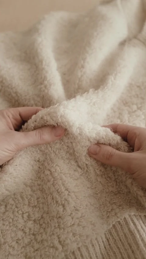 Aesthetic video of hands touching soft ivory wool fluffy sweater. Stock Footage 325345454