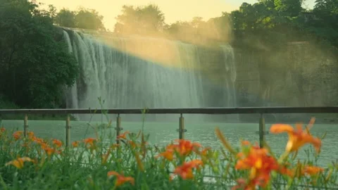 Aesthetic Waterfall Flow in Natural Setting Atmospheric Scenic Background 4K Stock Footage 319835459