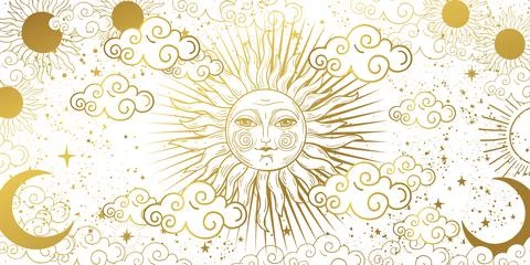 Aesthetic white background with golden sun with face, clouds and stars. Magic Illustrazione stock