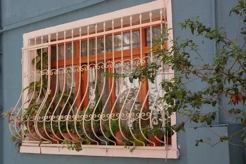 An Aesthetically Pleasing Decorative Window Featuring Greenery and Iron Grills Stock Photos