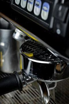 Aesthetics and elements of a coffee machine in a cozy cafe Stock Photos