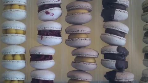 Aesthetics in each unique macaron dessert, neatly displayed in display case Stock Footage 257201760