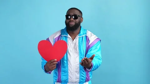Affection guy share girlfriend card heart isolated blue color background Stock Footage 167549482