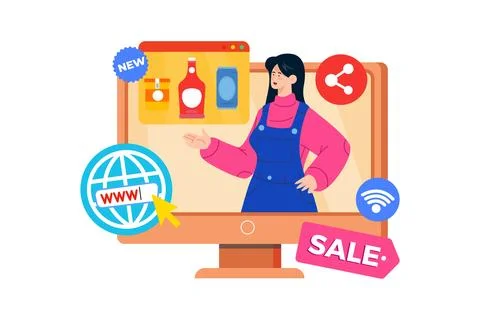 An affiliate marketer promotes products through affiliate networks. Stock Illustration