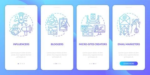 Affiliate marketers types blue gradient onboarding mobile app screen Ilustração Stock