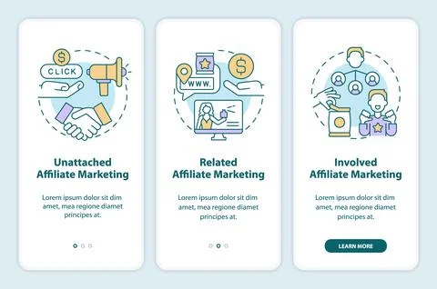 Affiliate marketing programs onboarding mobile app screen Illustrazione stock