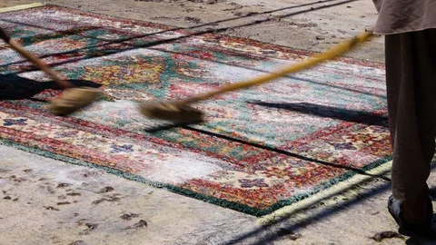 Afghan carpets being cleaned Video stock 91293347