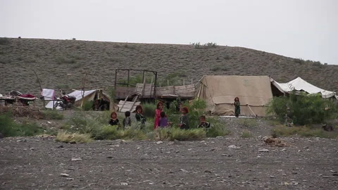 Afghan nomadic children in front of their tent Stock Footage 202258390