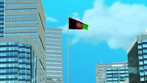 Afghanistan Flag 3D Render Animation with Urban Architecture and Clear Blue  Video stock 333119397